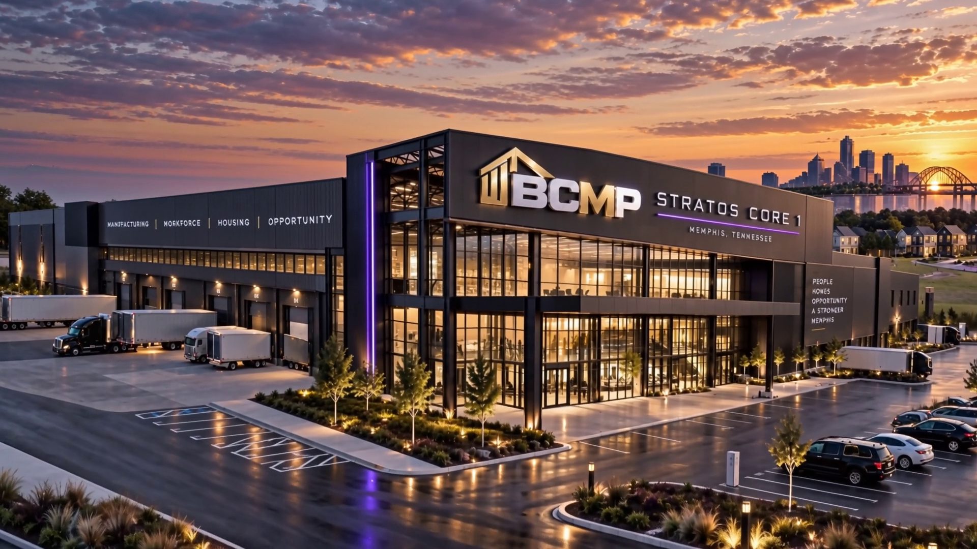 The Stratos Core 1 manufacturing facility at dusk, BCMP signage lit above the entrance, downtown Memphis on the horizon.