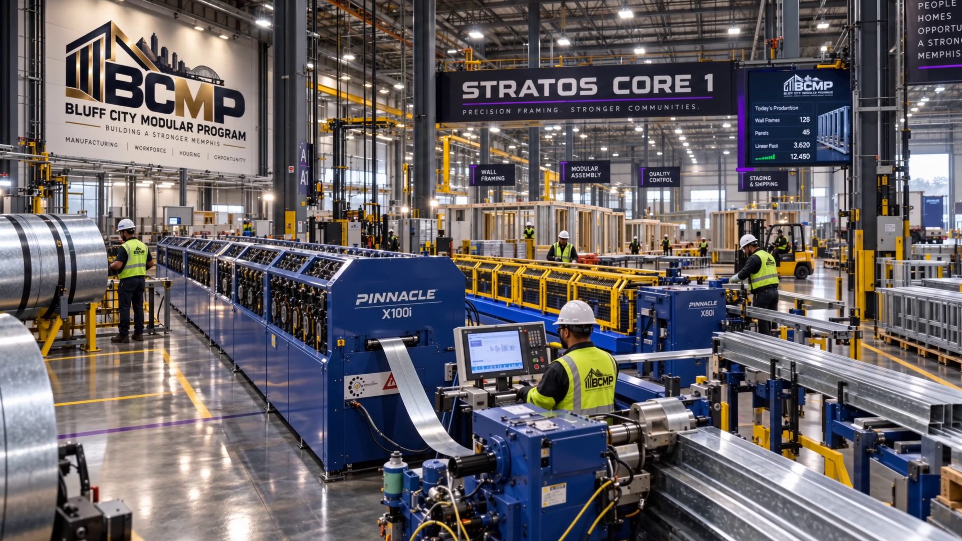 Inside Stratos Core 1: the production floor, cold-formed steel panelization lines and workers monitoring the Pinnacle machinery.