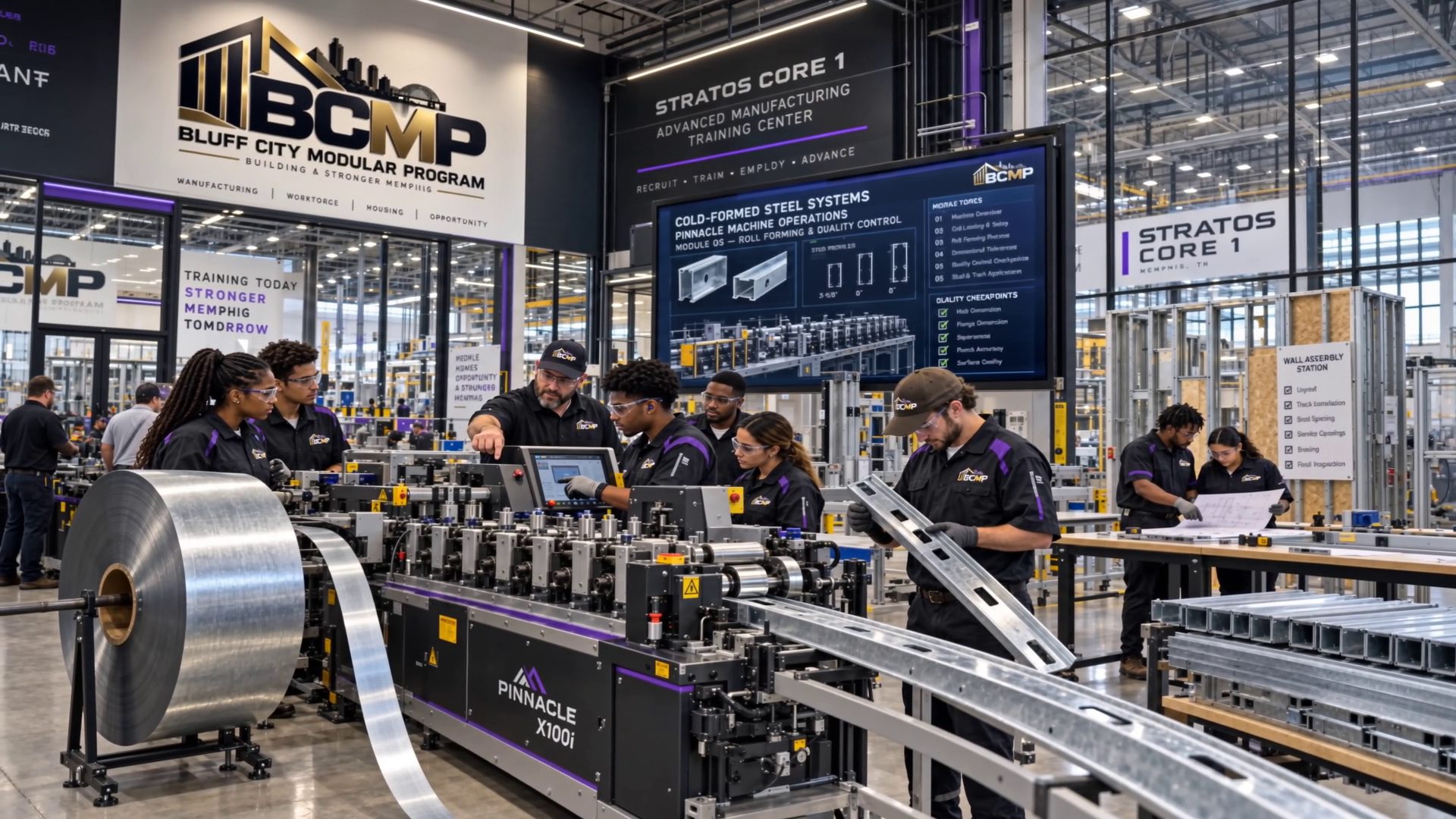 BCMP trainees in purple shirts working hands-on with production machinery on the Stratos Core 1 floor.