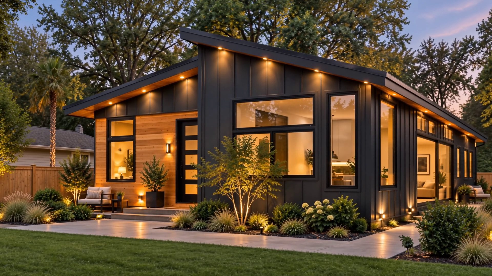 A completed BCMP home at dusk, warm wood and dark panel siding, lit from within.