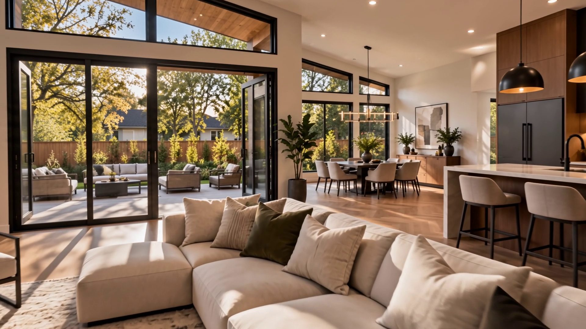 An open-plan living room inside a BCMP home, floor-to-ceiling glass and a warm sectional sofa.