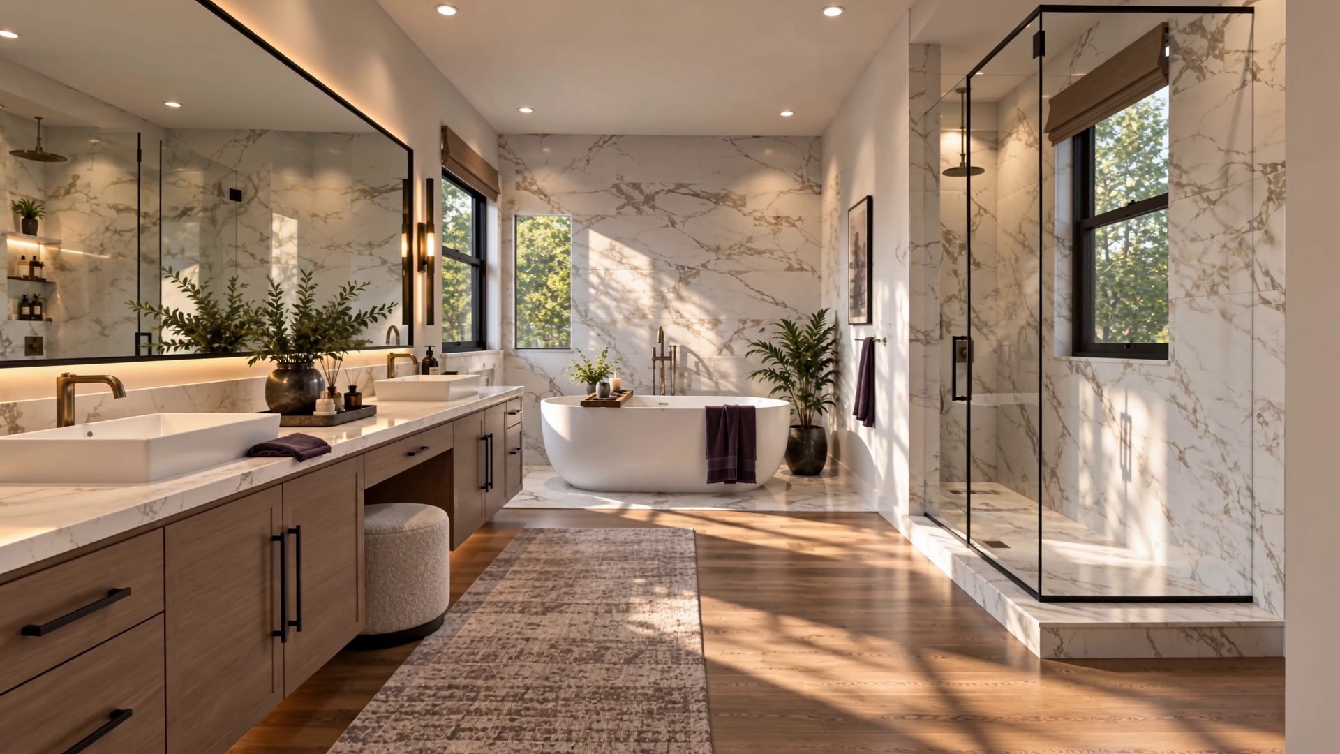 A primary bathroom with marble finishes, a walk-in shower and natural light.