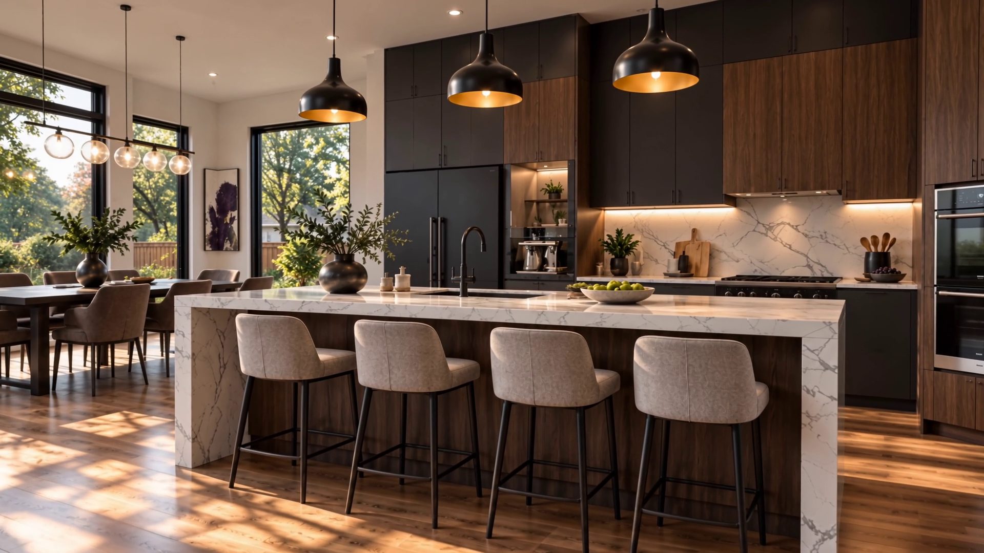 An open kitchen with a long waterfall island, pendant lighting and a connected dining area.