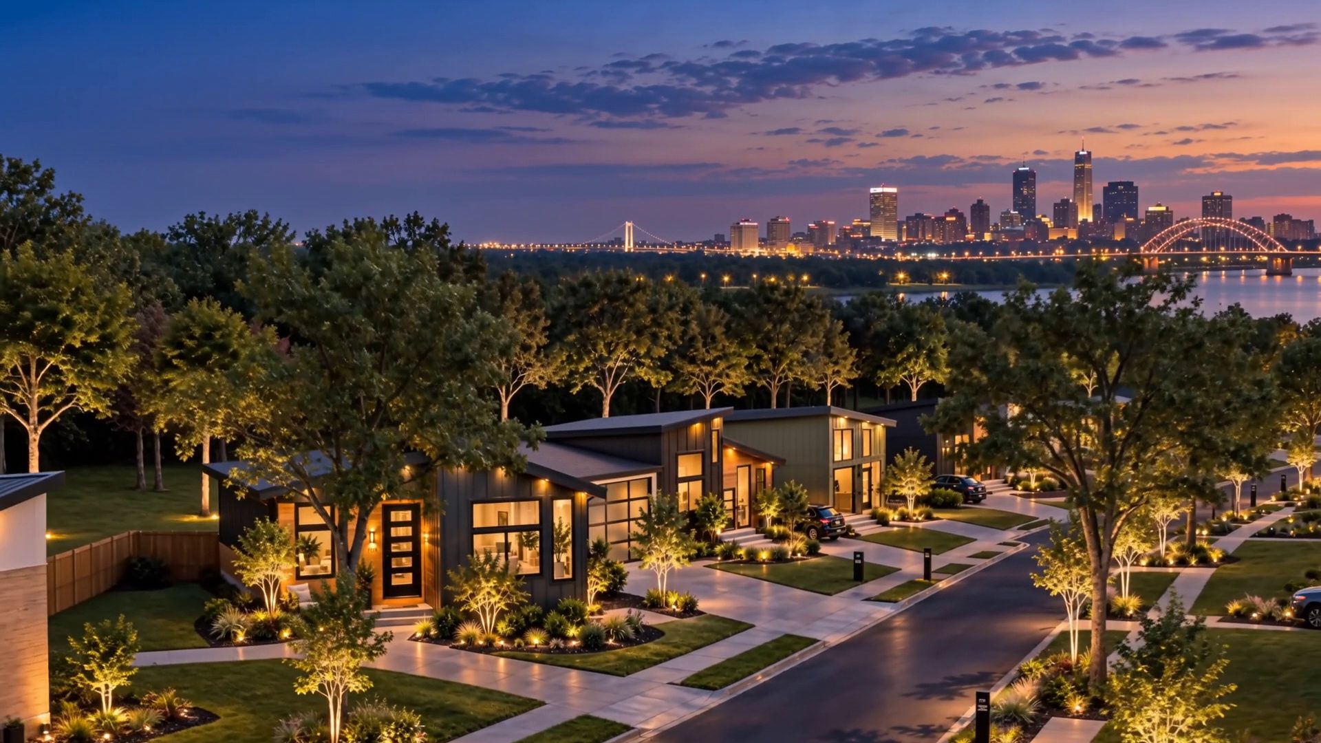 An aerial view of a BCMP neighborhood at dusk, rows of homes with the Memphis skyline across the river.